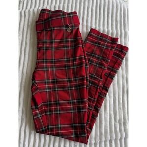 Tommy Hilfiger Red Plaid Tartan Slim Leg Pull On Pants Gold TH Logo Charm Small